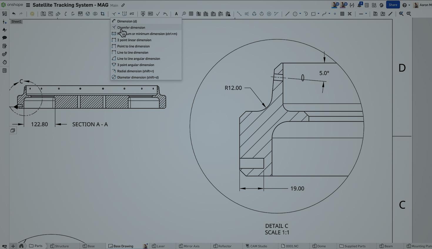 Onshape GUI darkened with an overlay showing a drawing of a satellite tracking system CAD model.