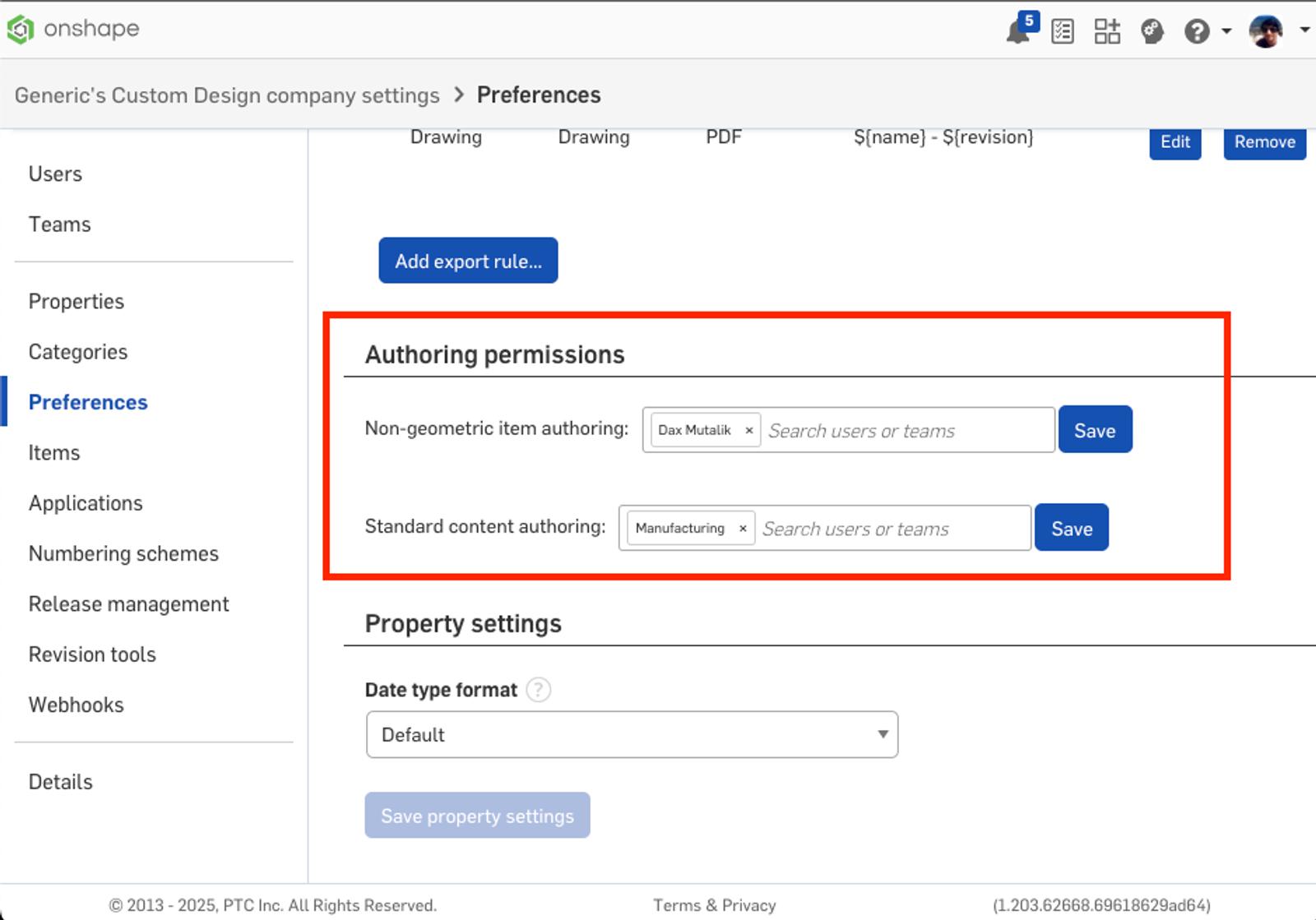 Onshape GUI showing preferences for authoring permissions.