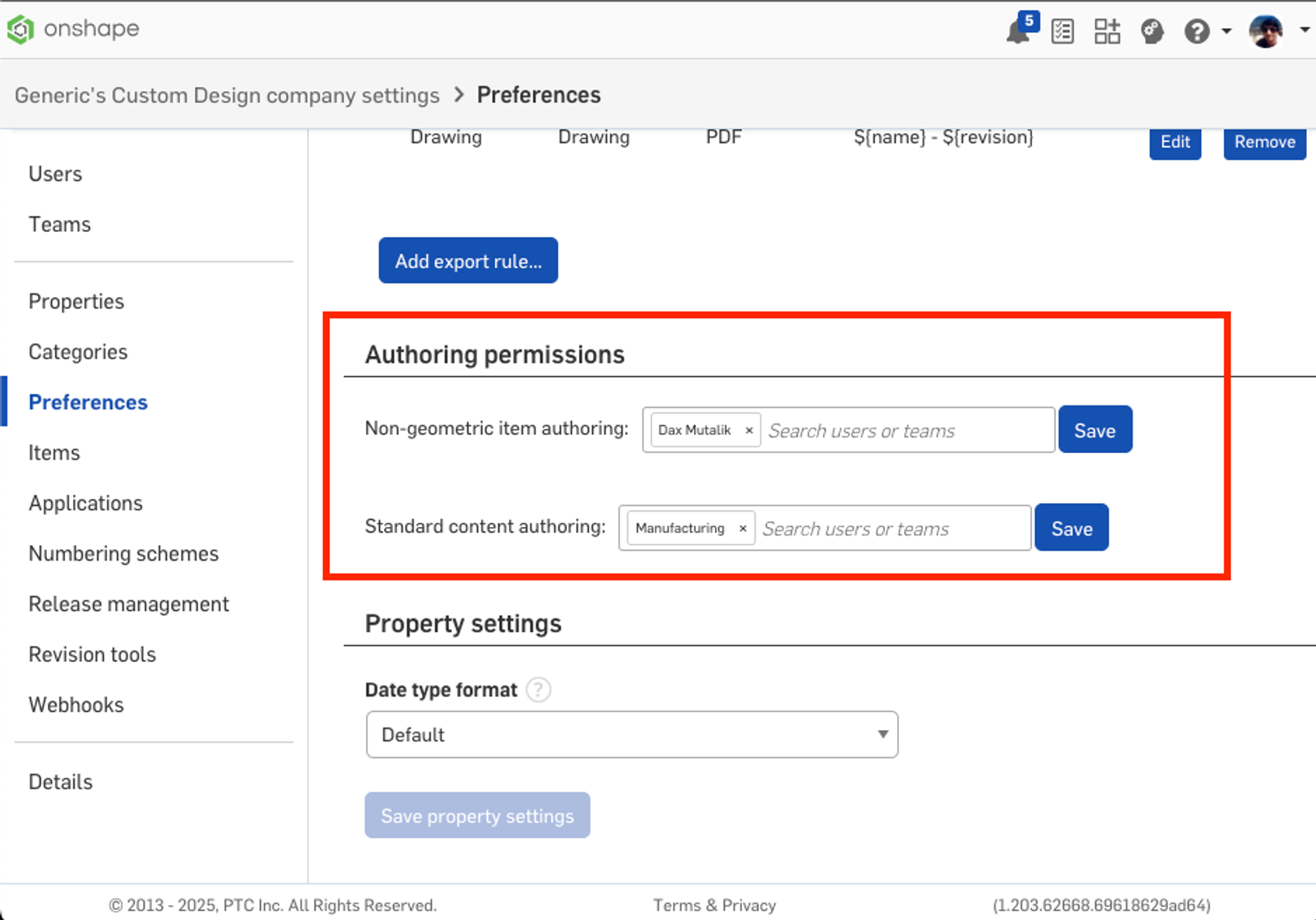 Onshape GUI showing preferences for authoring permissions.