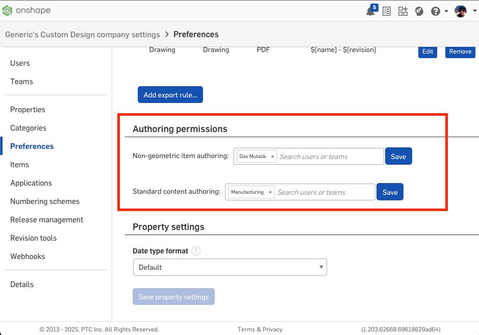 Onshape GUI showing preferences for authoring permissions.