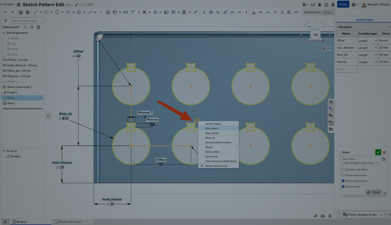 Onshape GUI with an overlay showing sketch pattern edit.