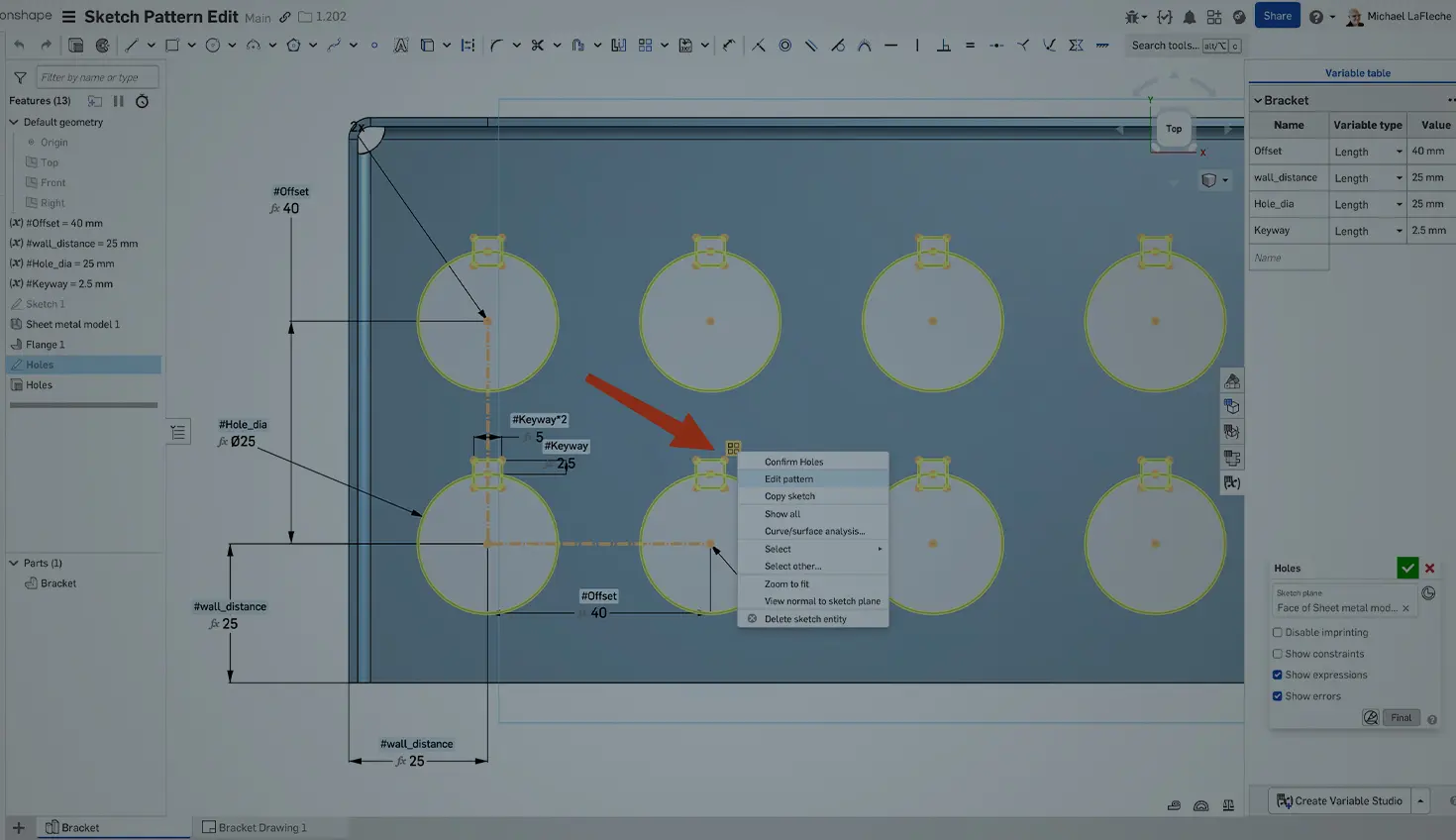 Onshape GUI with an overlay showing sketch pattern edit.
