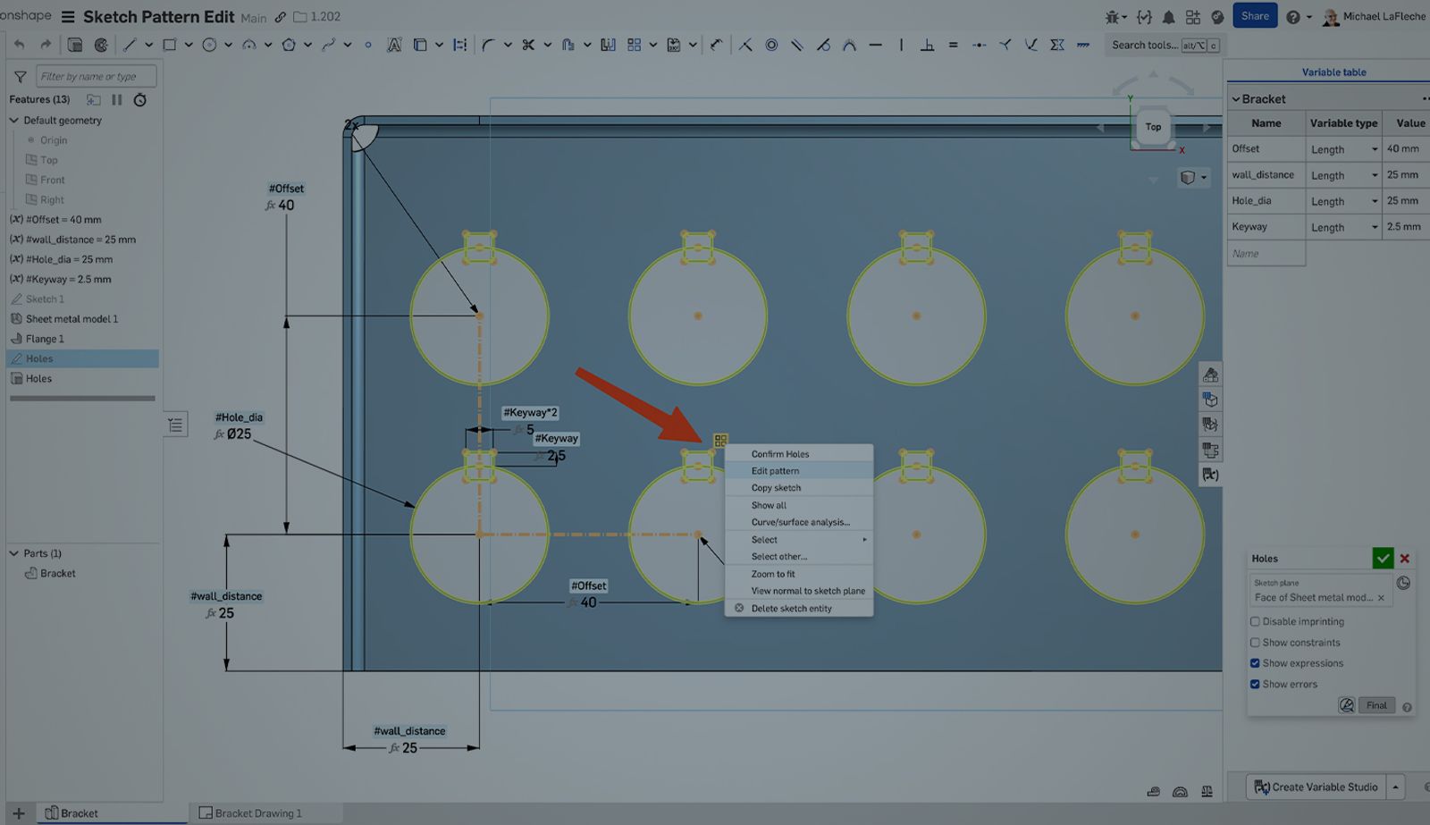 Onshape GUI with an overlay showing sketch pattern edit.