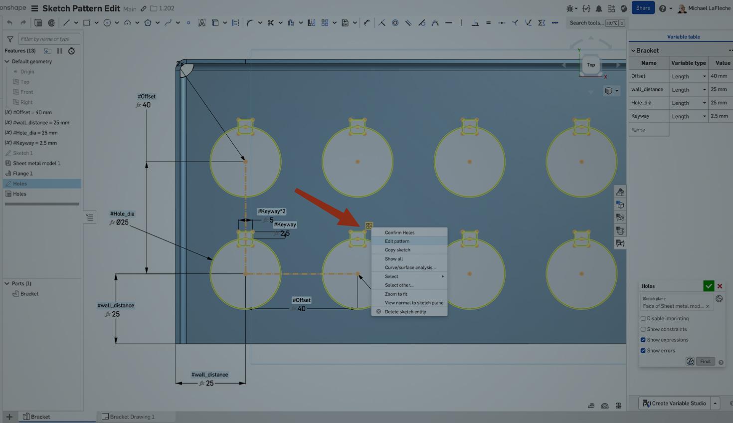 Onshape GUI with an overlay showing sketch pattern edit.