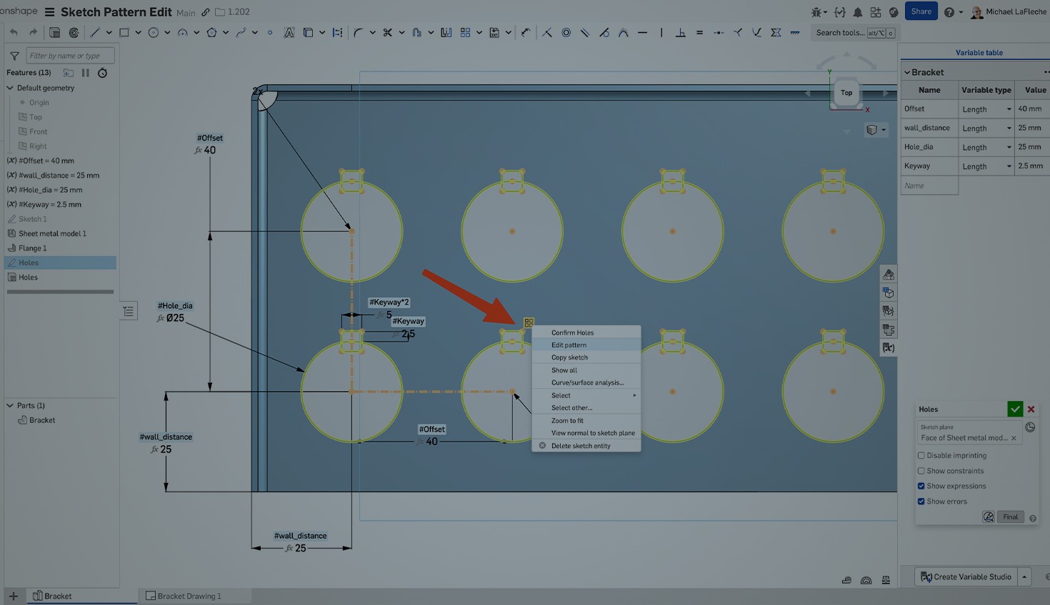Onshape GUI with an overlay showing sketch pattern edit.