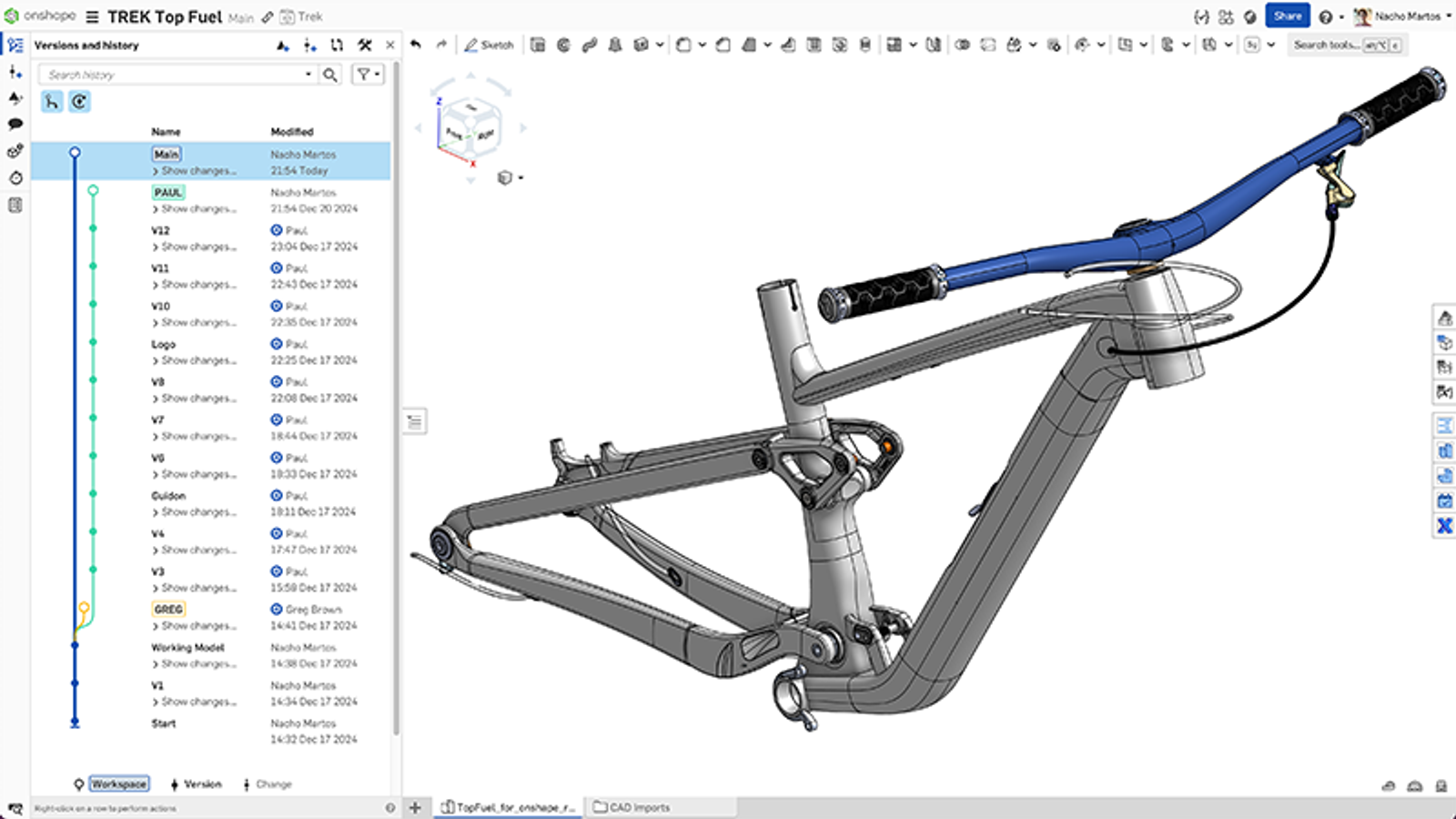 Trek Top Fuel frame assembly in Onshape, showing version history