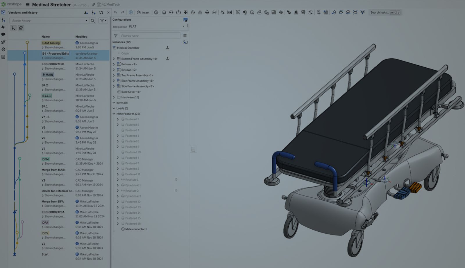 Onshape GUI with an overlay showing the Versions and history panel for a 3D-modeled medical stretcher.