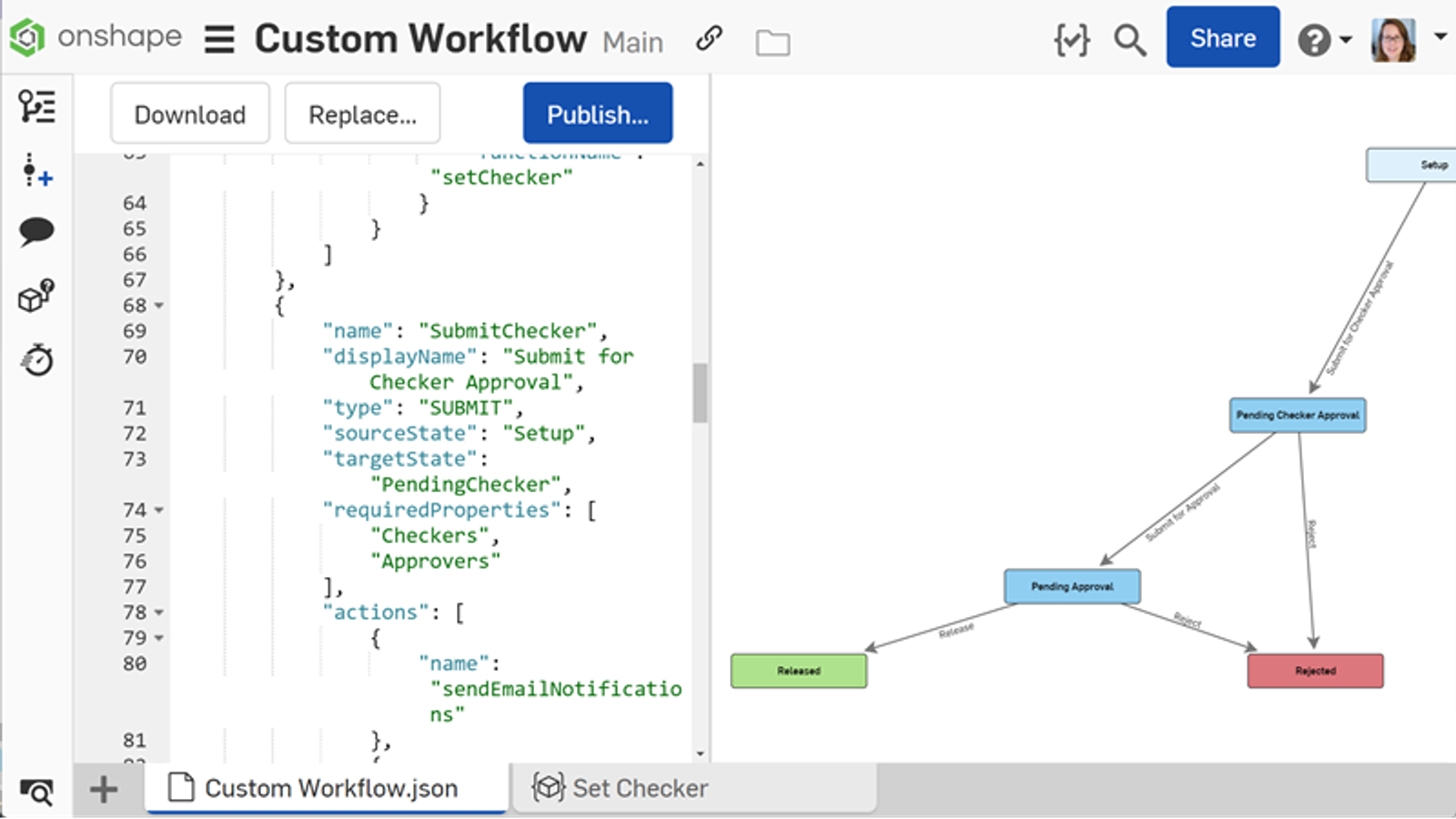 Onshape GUI showing a custom release workflow using JSON