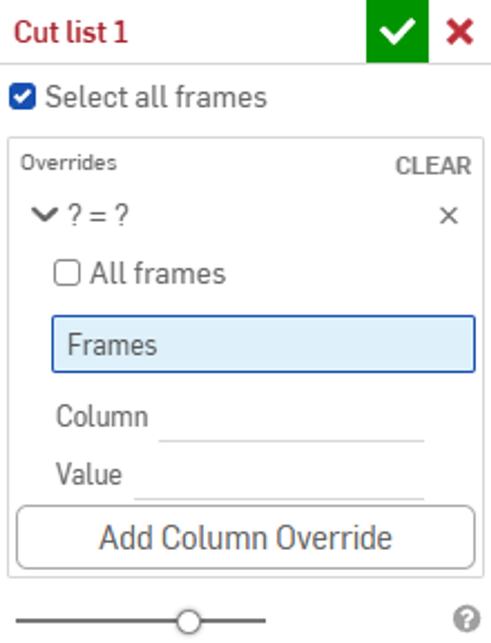 Onshape GUI showing the Cut list popover with "Select all frames" checked.
