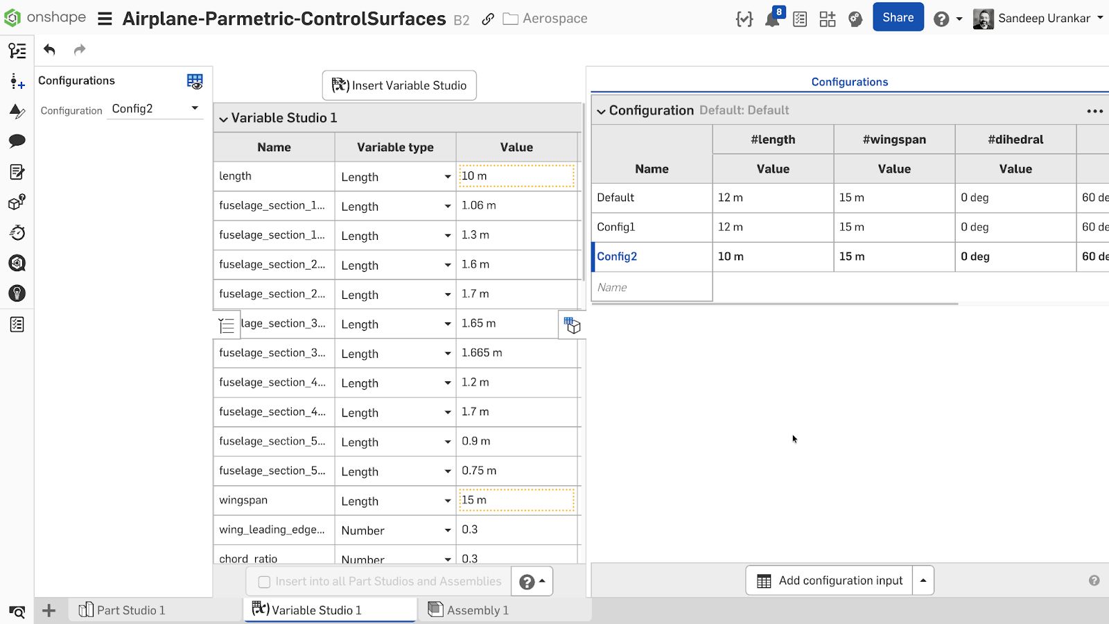 Onshape GUI showing the Variable Studio and Configuration panels.