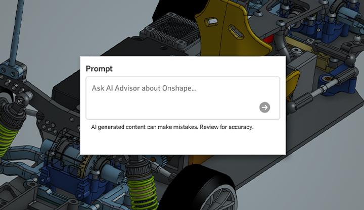 Image showing the prompt section of Onshape's AI Advisor over a CAD model.
