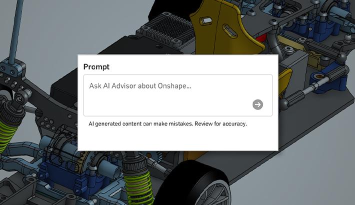 Image showing the prompt section of Onshape's AI Advisor over a CAD model.