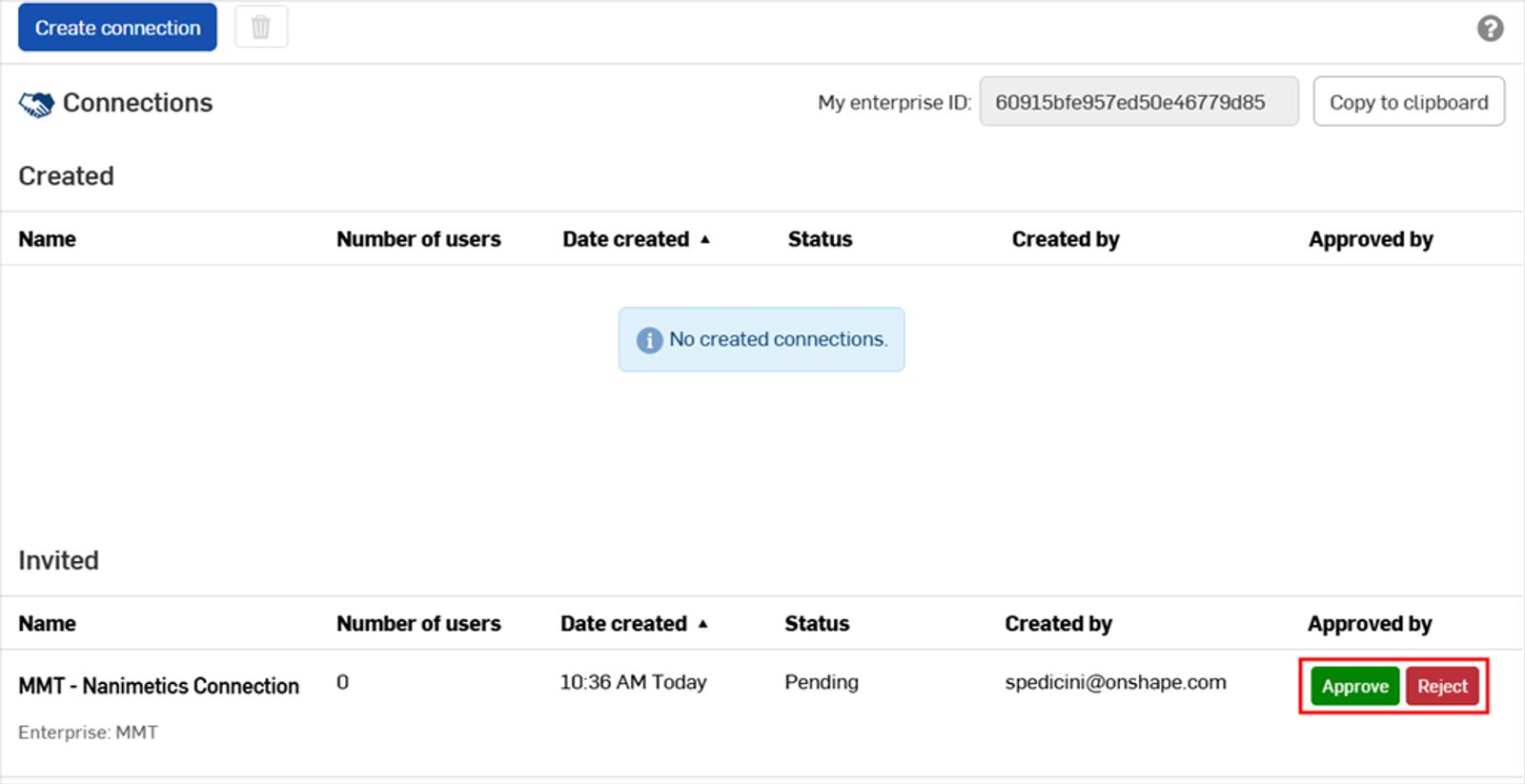Onshape Enterprise GUI showing the Create connection settings panel.