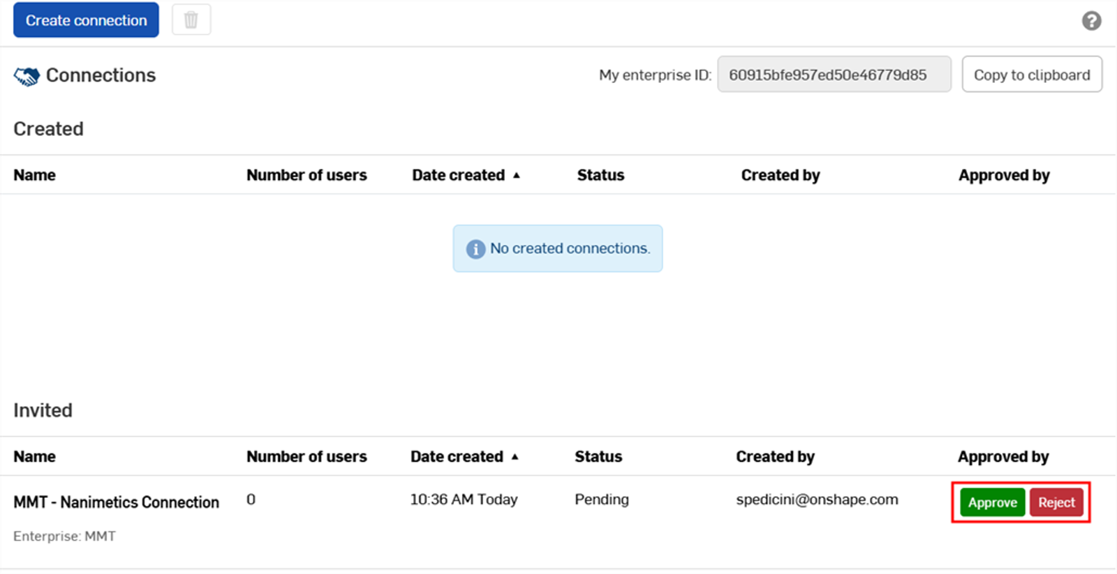 Onshape Enterprise GUI showing the Create connection settings panel.