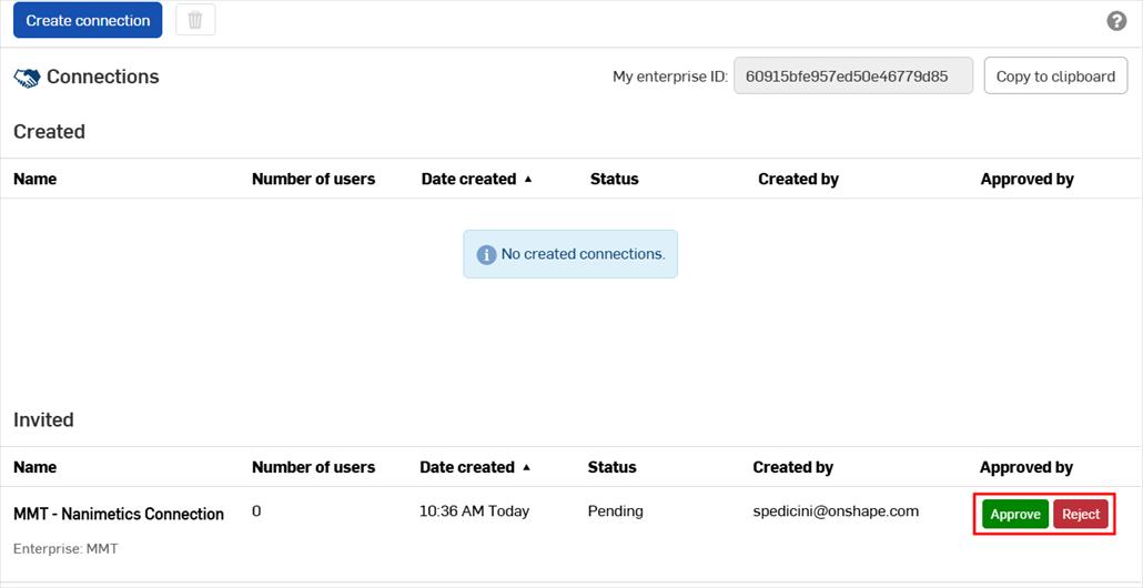 Onshape Enterprise GUI showing the Create connection settings panel.