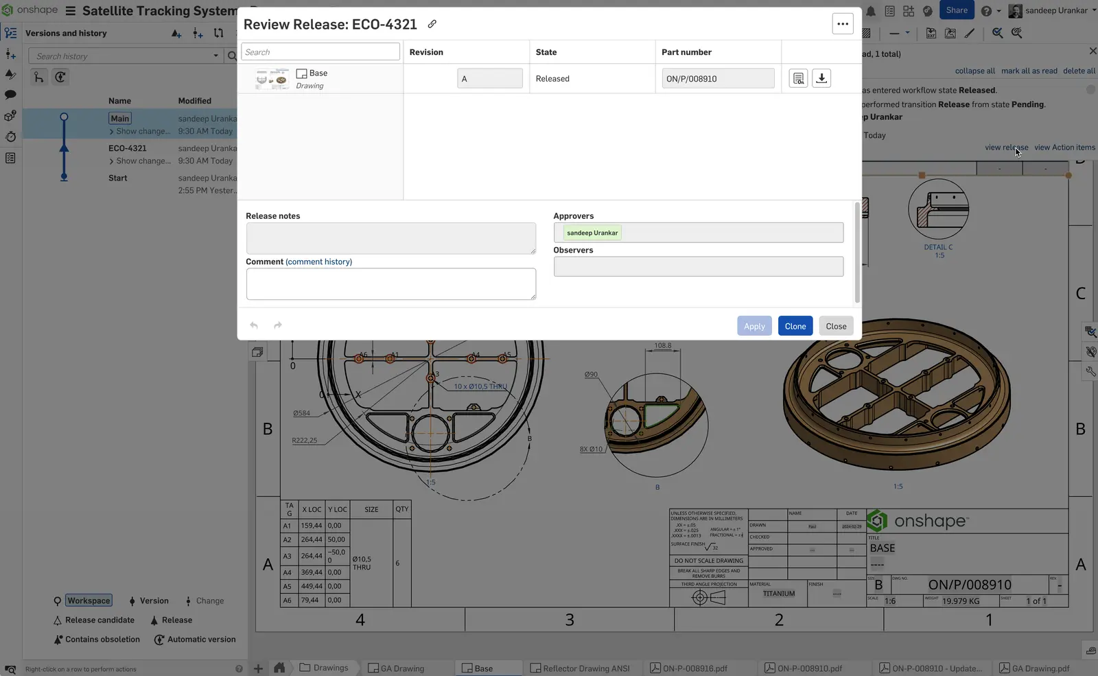 Onshape GUI showing a review release.