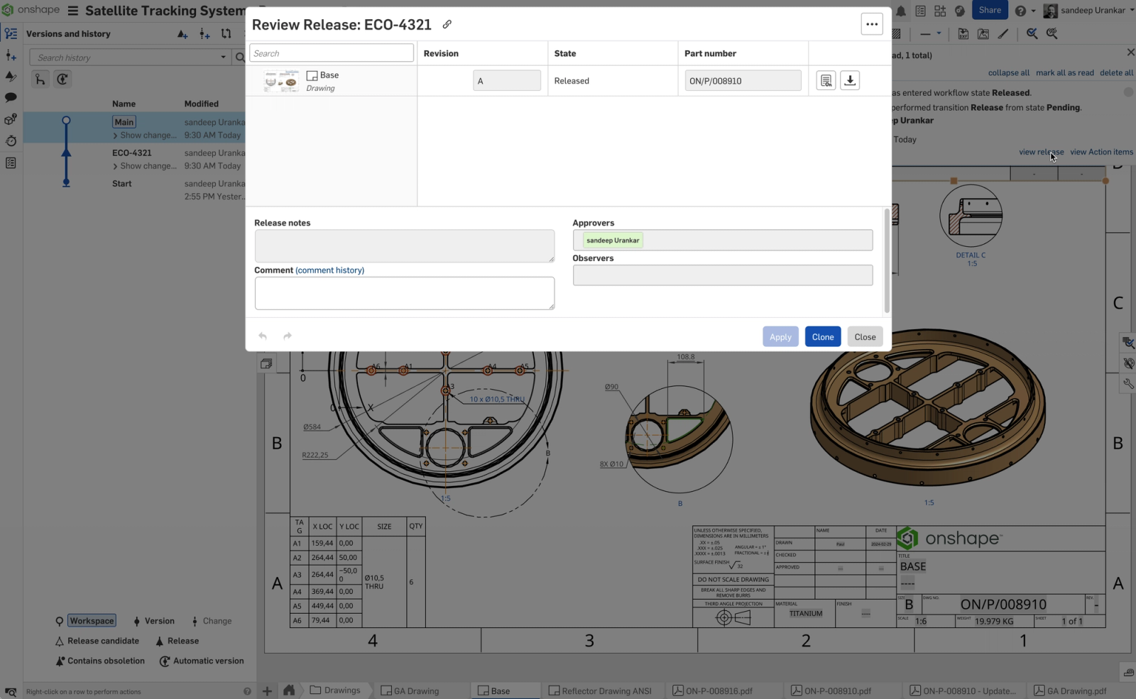 Onshape GUI showing a review release.