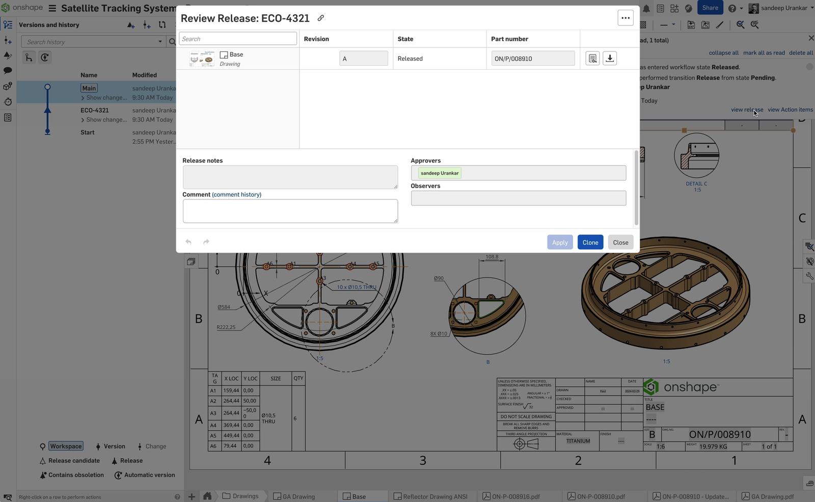 Onshape GUI showing a review release.