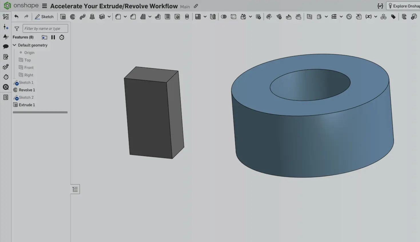 Onshape GUI with an overlay showing extruded and revolved parts.