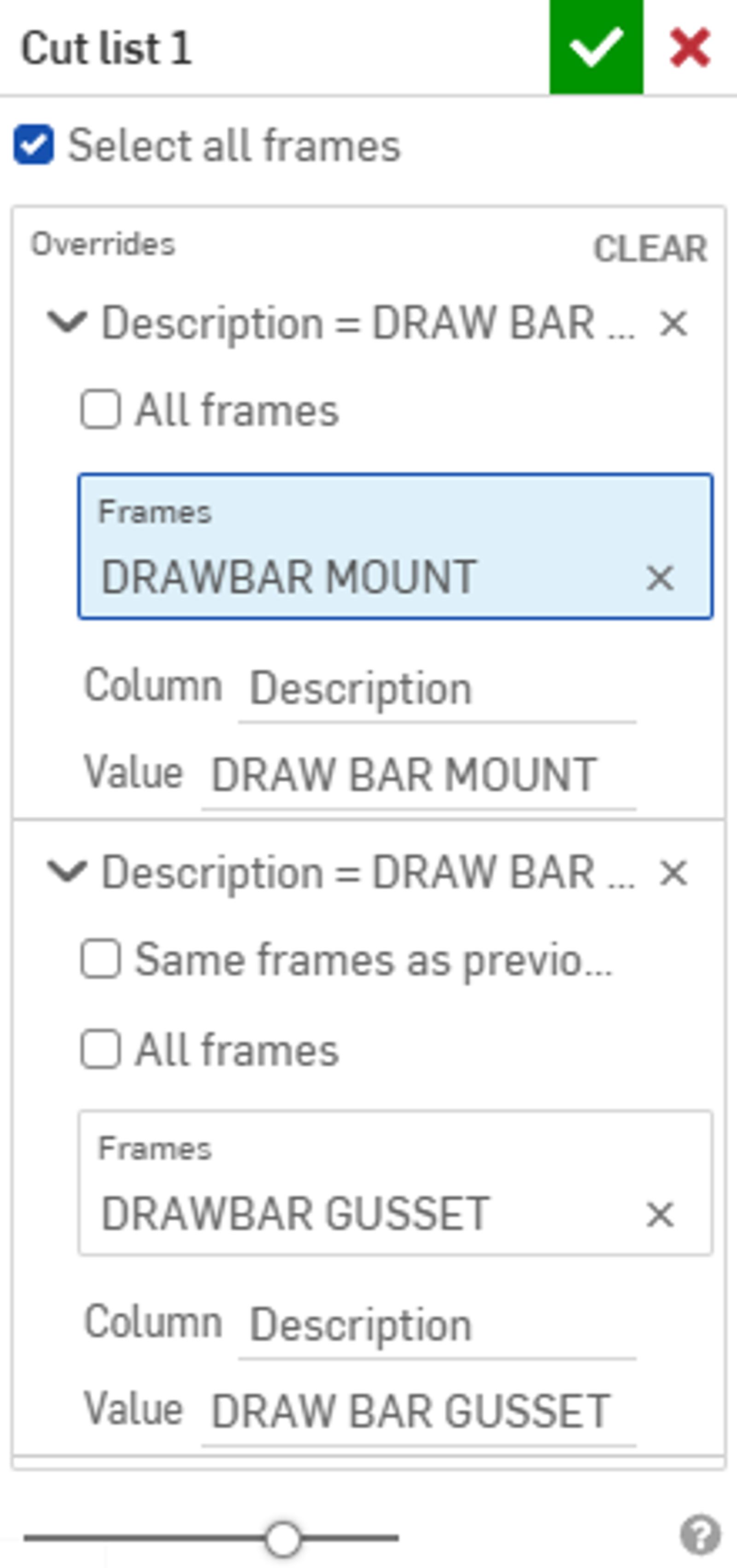 Onshape GUI showing the dialog box for Cut list 1 features with "Select all frames" checked and the description for DRAWBAR MOUNT highlighted.