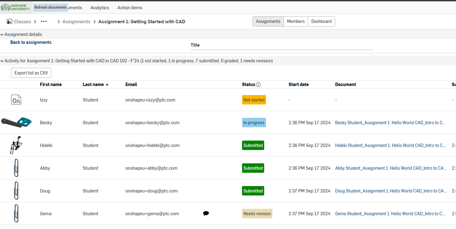 Onshape GUI showing classrooms and assignments. 