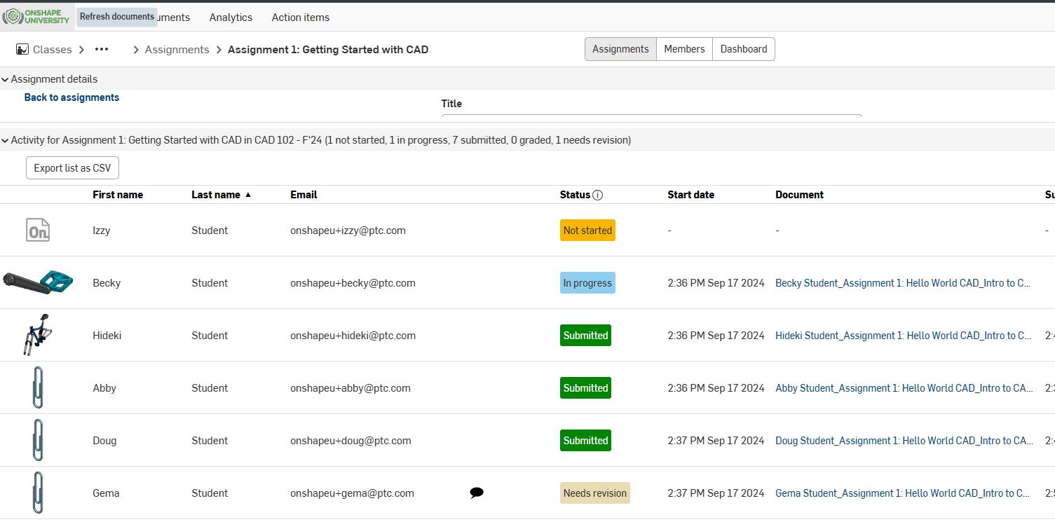 Onshape GUI showing classrooms and assignments.