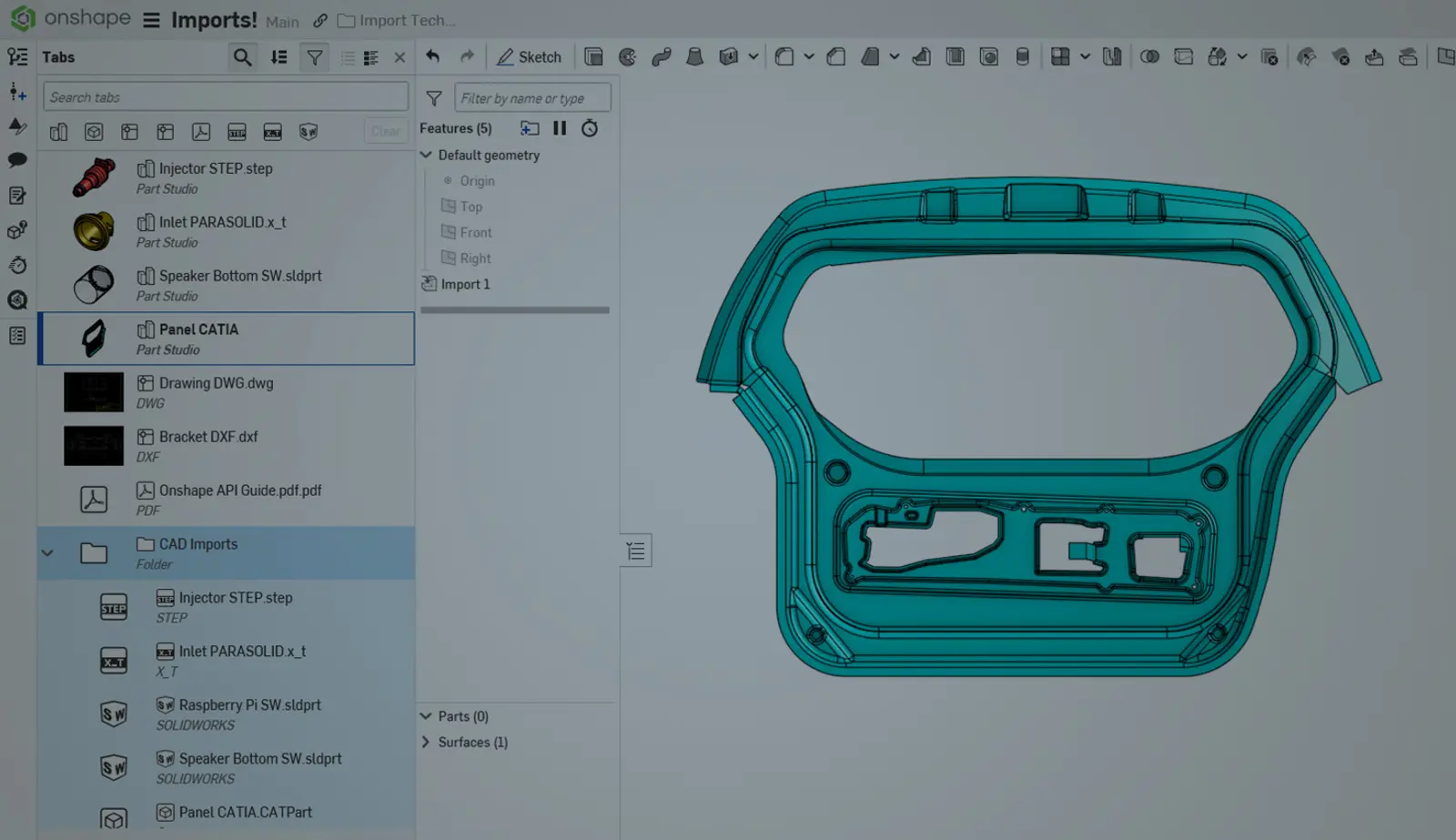 Onshape GUI with an overlay showing imported files in the design workspace.