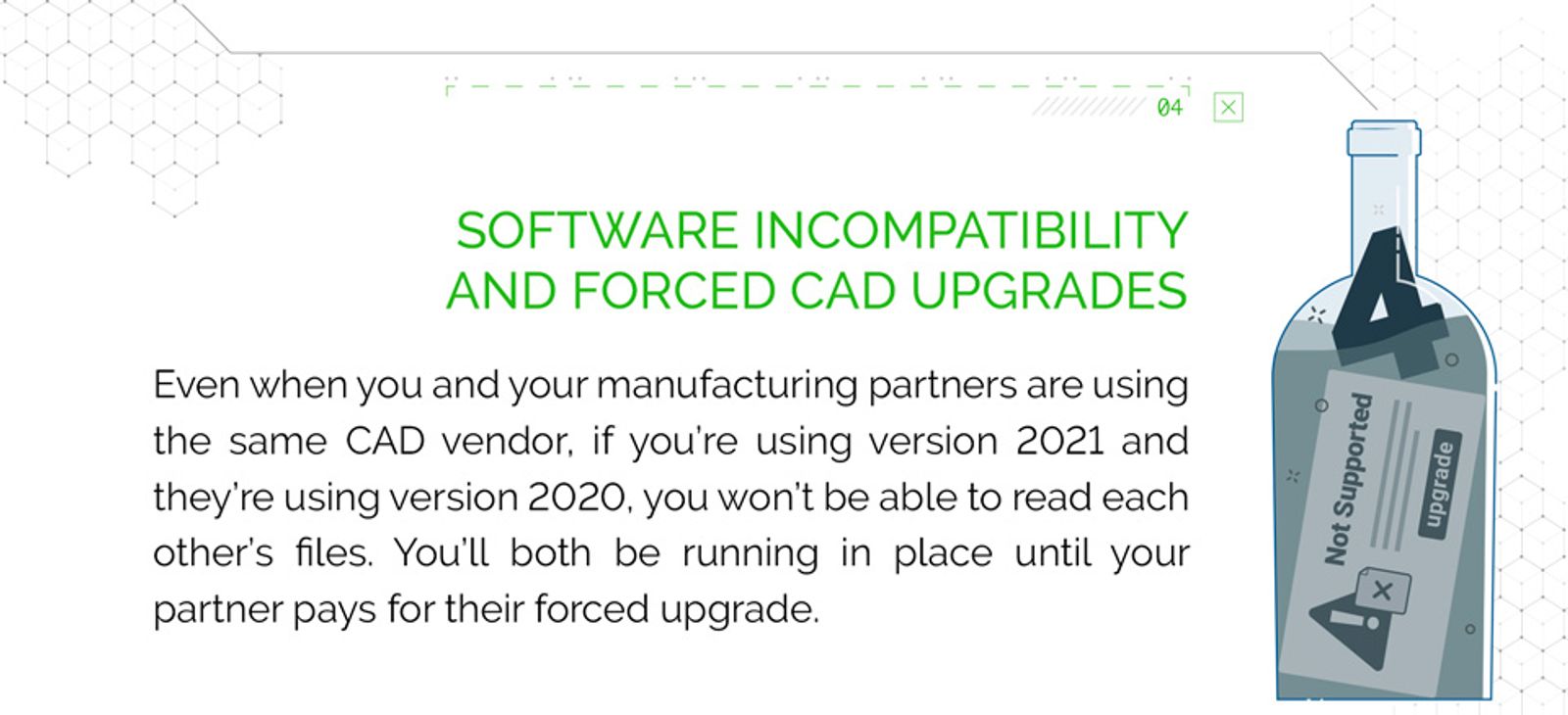 a bottle with a label on it that says `` software incompatibility and forced cad upgrades '' .
