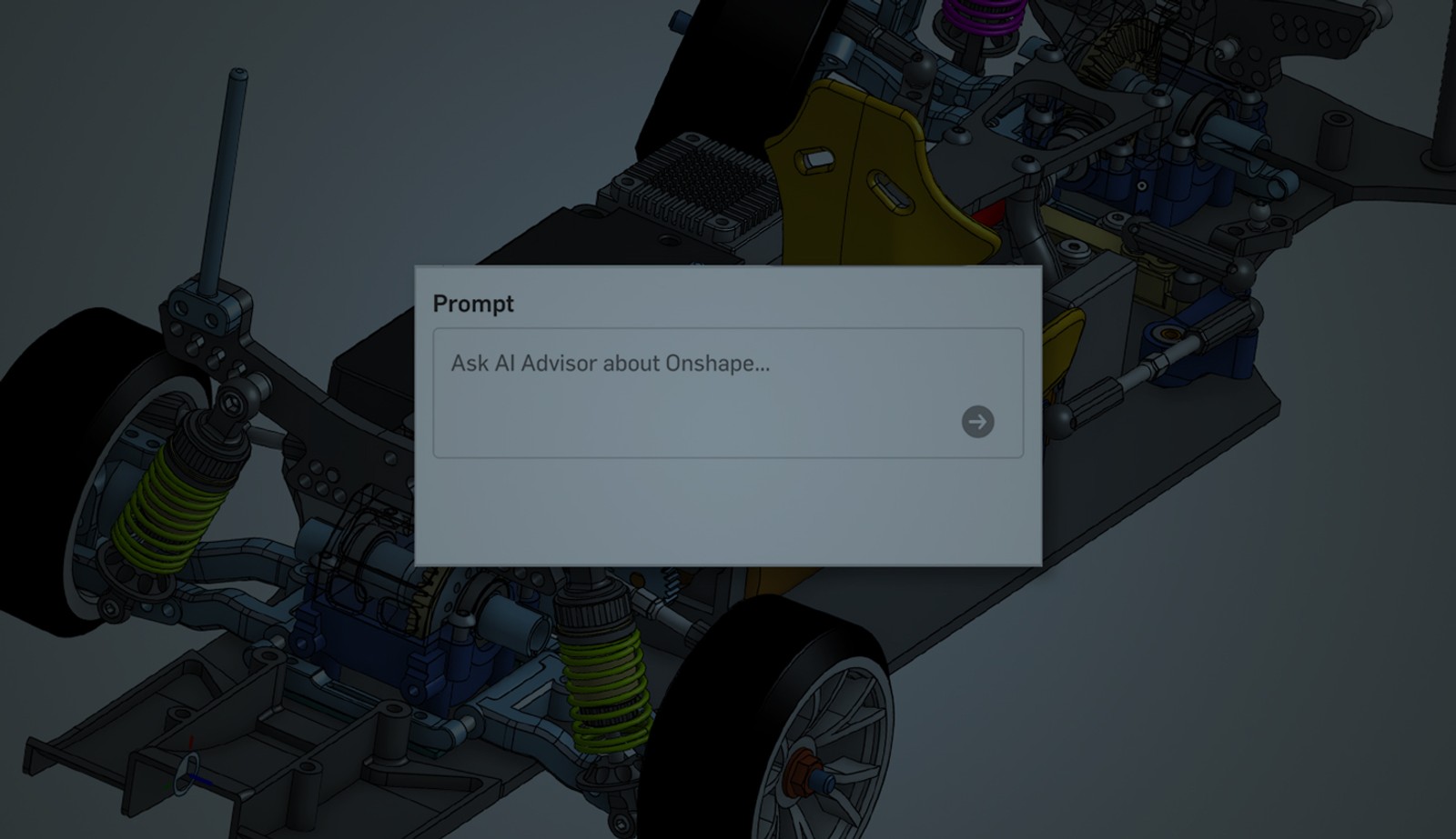 Image with an overlay showing the prompt section of Onshape's AI Advisor over a CAD model.