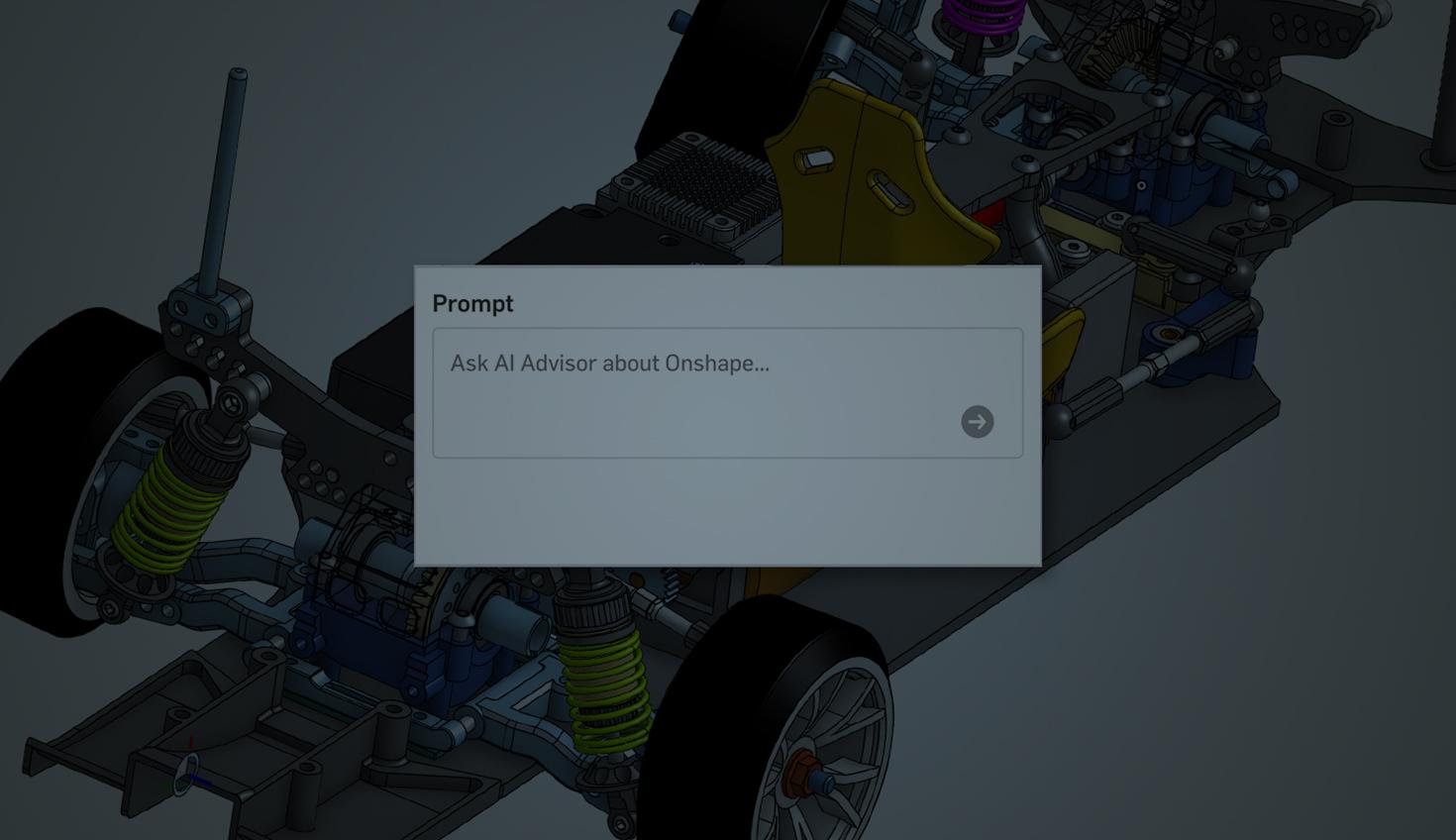 Image with an overlay showing the prompt section of Onshape's AI Advisor over a CAD model.