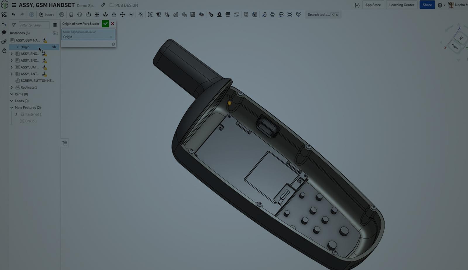 Onshape GUI with an overlay showing the CAD-modeled cover of a handset PCB.