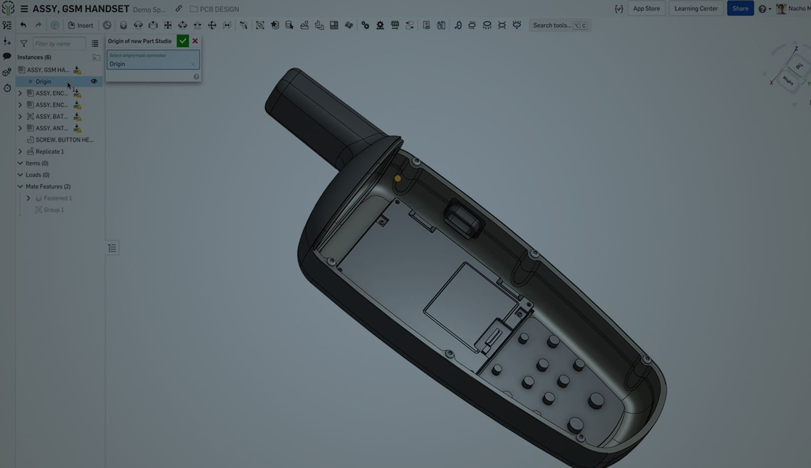 Onshape GUI with an overlay showing the CAD-modeled cover of a handset PCB.