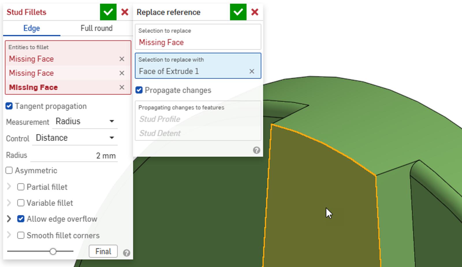 Close-up of an Onshape dialog box with options to replace reference to a broken feature.