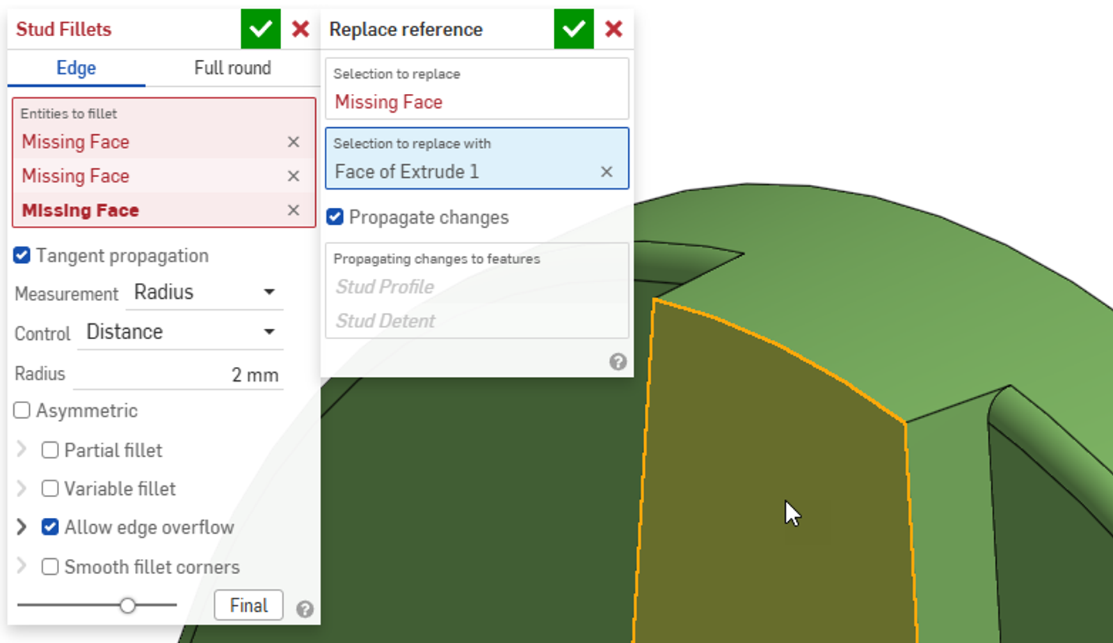 Close-up of an Onshape dialog box with options to replace reference to a broken feature.