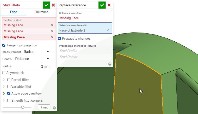 Close-up of an Onshape dialog box with options to replace reference to a broken feature.