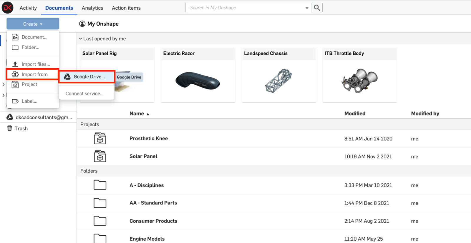 Importing from the integrated environment through the "Create" dialog