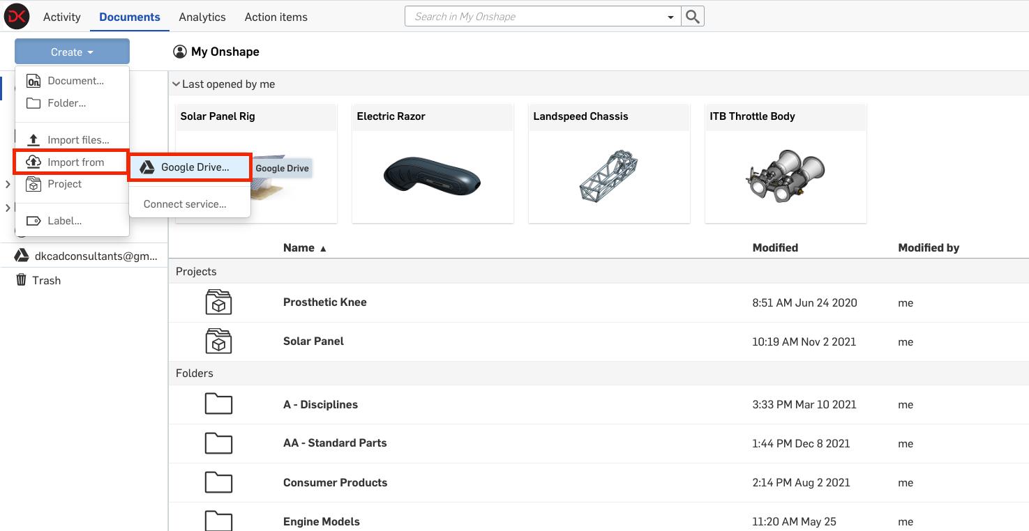 Importing from the integrated environment through the "Create" dialog