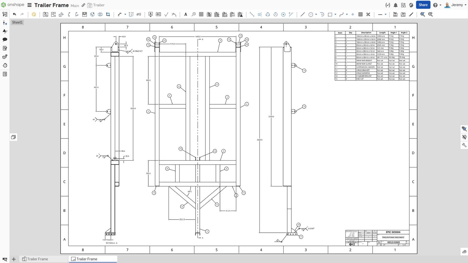 Onshape GUI showing a Drawing of a 3D-modeled Trailer Frame.