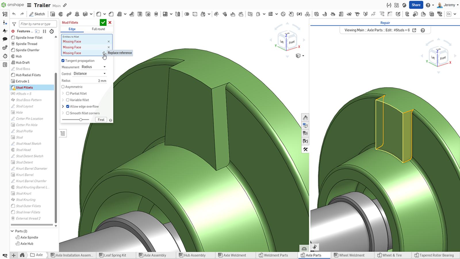 Image of the Onshape workspace and side-by-side comparisons of a broken reference.