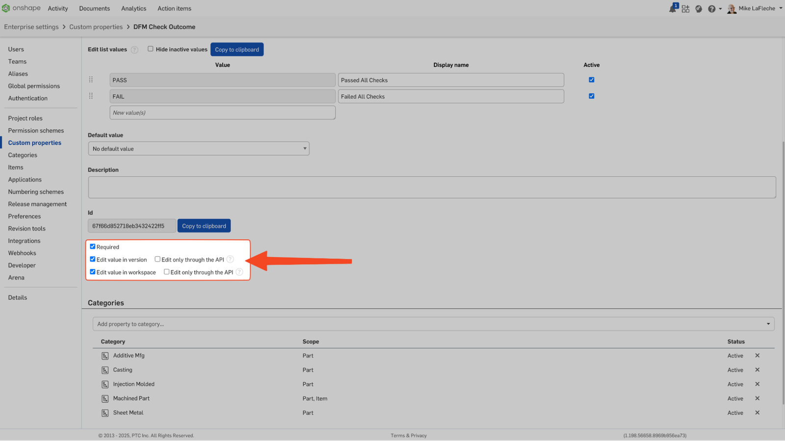 Onshape GUI showing DFM check outcomes under Enterprise settings