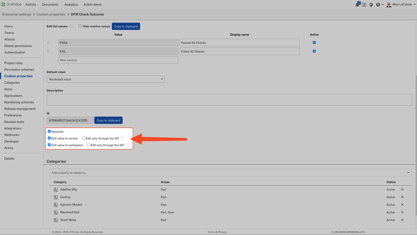 Onshape GUI showing DFM check outcomes under Enterprise settings
