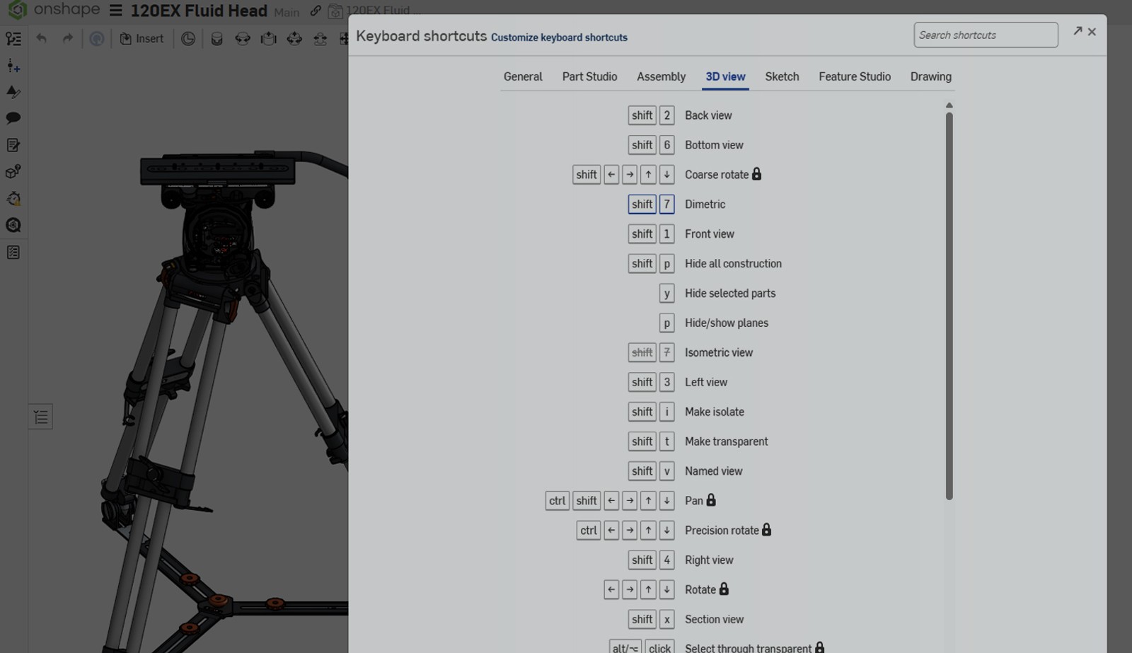 Onshape GUI with an overlay showing Keyboard shortcuts