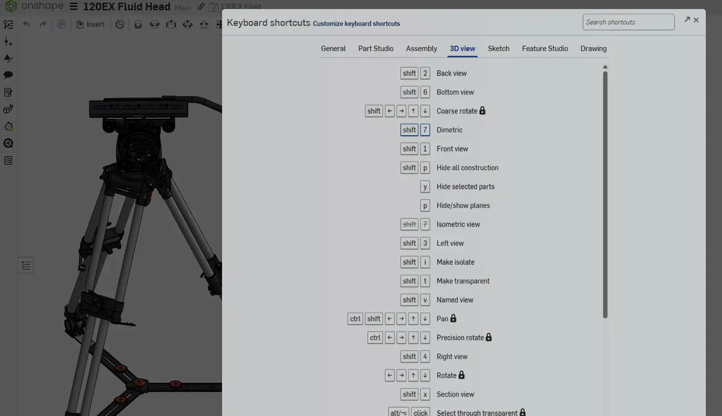Onshape GUI with an overlay showing Keyboard shortcuts
