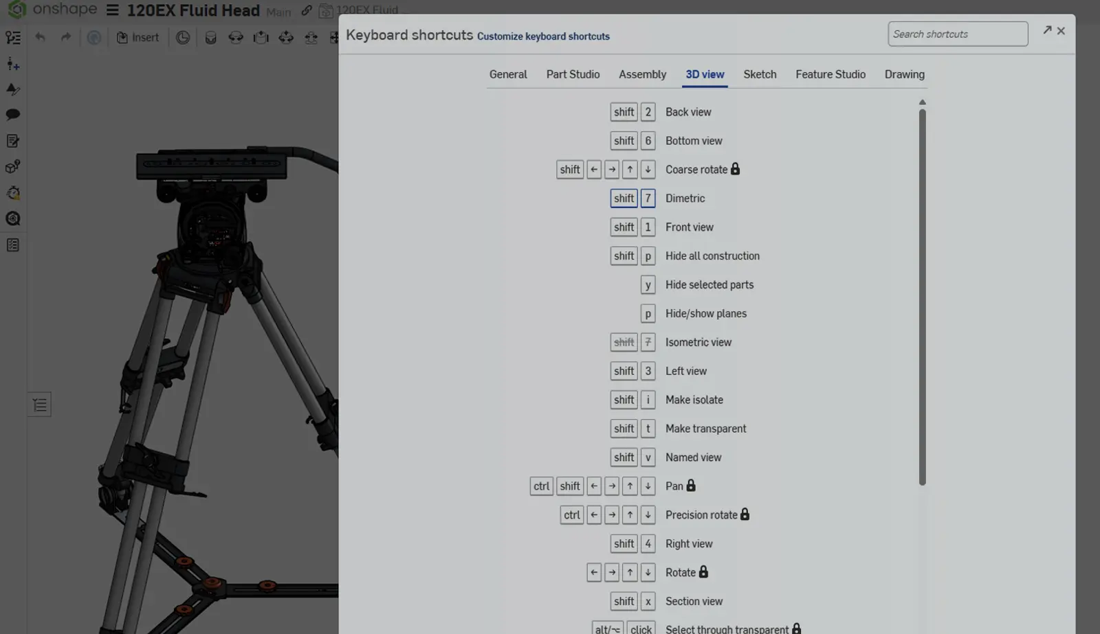 Onshape GUI with an overlay showing Keyboard shortcuts