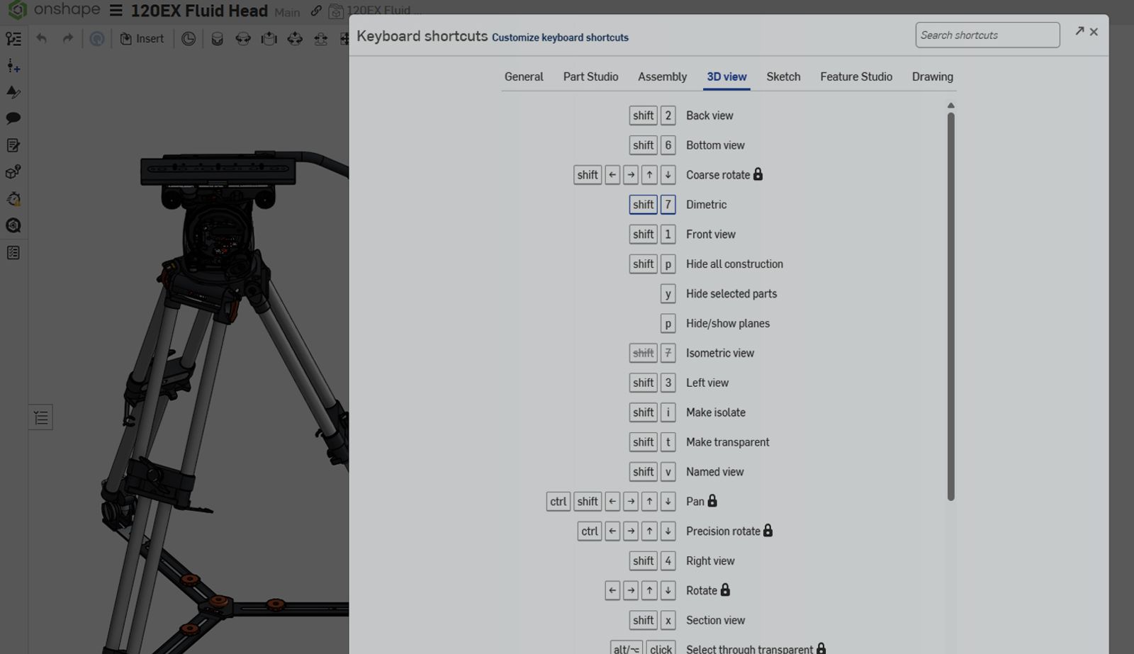Onshape GUI with an overlay showing Keyboard shortcuts