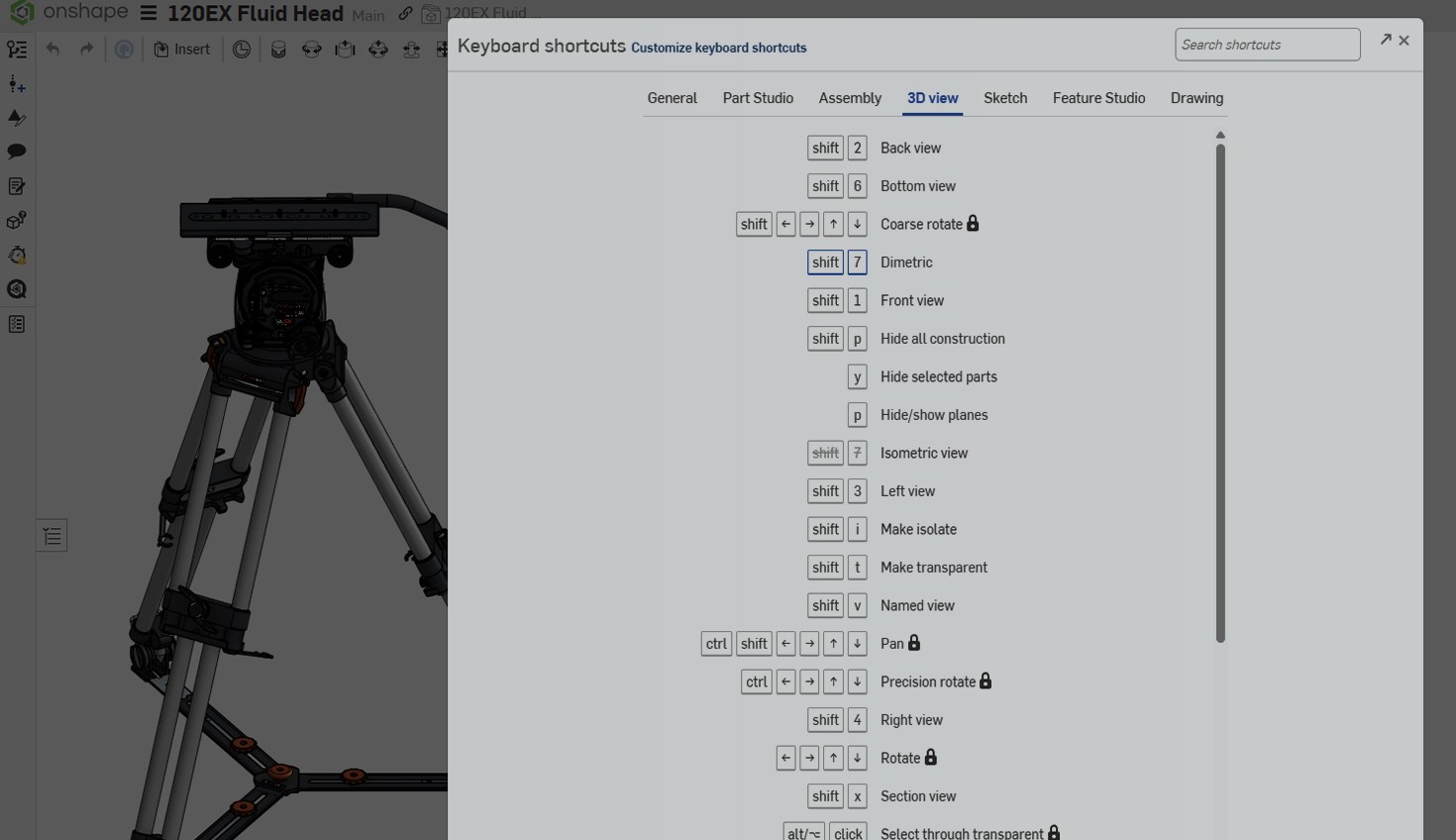 Onshape GUI with an overlay showing Keyboard shortcuts