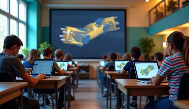 Stock image showing students in a classroom and a CAD model on computer screens.
