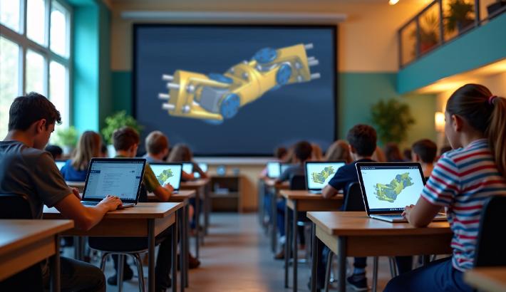 Stock image showing students in a classroom and a CAD model on computer screens.