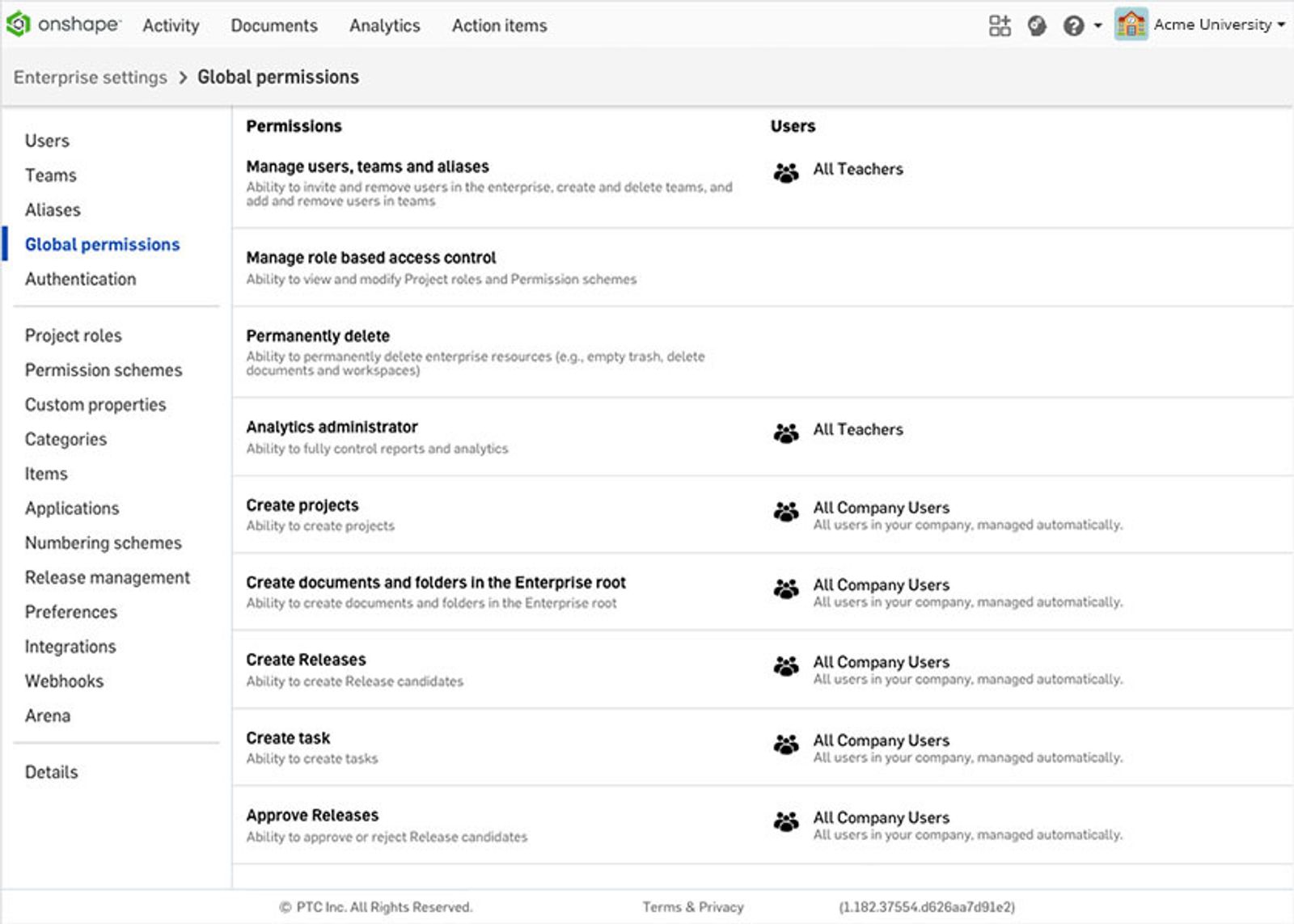 Admin panel in Onshape Enterprise for Education