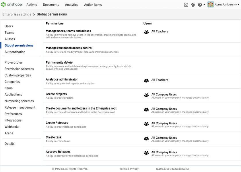 Admin panel in Onshape Enterprise for Education
